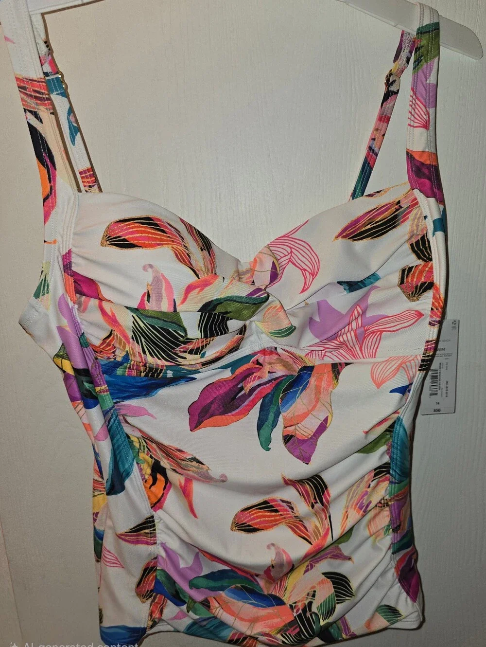 Liz Claiborne Paradise Beach Floral Print Tankini Swim Top- White Multicolor